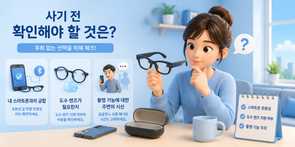 AI 글라스 구매 전 확인할 3가지인 내 스마트폰과의 궁합·도수 렌즈 필요 여부·촬영 기능에 대한 주변 시선을 정리한 도표