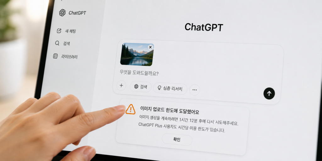 챗GPT 무료 화면에서 사진 업로드 한도 안내를 확인하는 모습